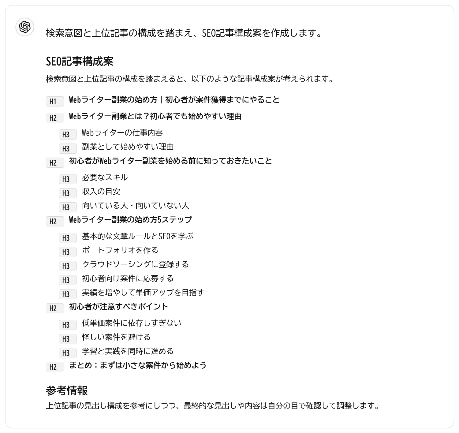 SEO記事構成案の出力結果